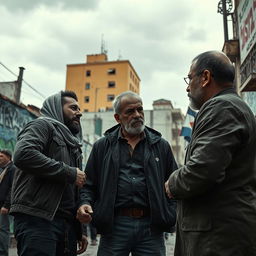 A dramatic scene showing a Palestinian man and woman confronting an Israeli Jewish man, expressing tension and conflict