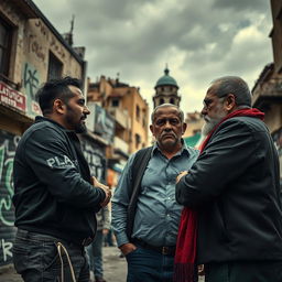 A dramatic scene showing a Palestinian man and woman confronting an Israeli Jewish man, expressing tension and conflict