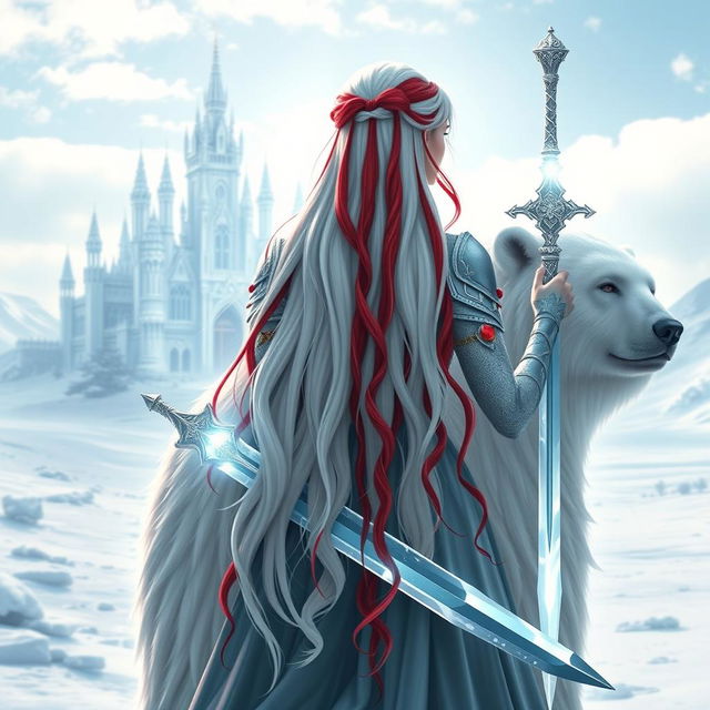 A fantastic princess with long white hair featuring vibrant red streaks, viewed from the back