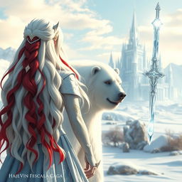 A fantastic princess with long white hair featuring vibrant red streaks, viewed from the back