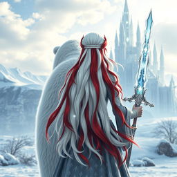 A fantastic princess with long white hair featuring vibrant red streaks, viewed from the back