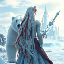 A fantastic princess with long white hair featuring vibrant red streaks, viewed from the back