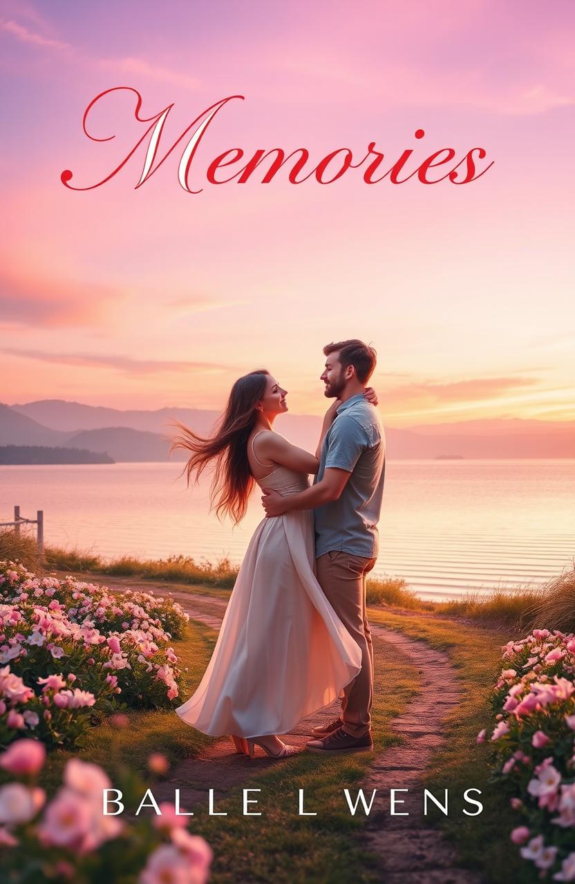 A romantic book cover featuring a beautiful, dreamy landscape at sunset