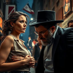 A powerful image depicting a tense confrontation between a woman and a Jewish man, highlighting the emotions of anger and passion