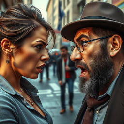 A powerful image depicting a tense confrontation between a woman and a Jewish man, highlighting the emotions of anger and passion