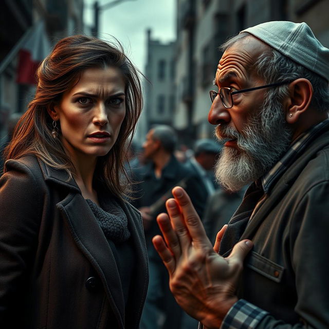 A powerful image depicting a tense confrontation between a woman and a Jewish man, highlighting the emotions of anger and passion