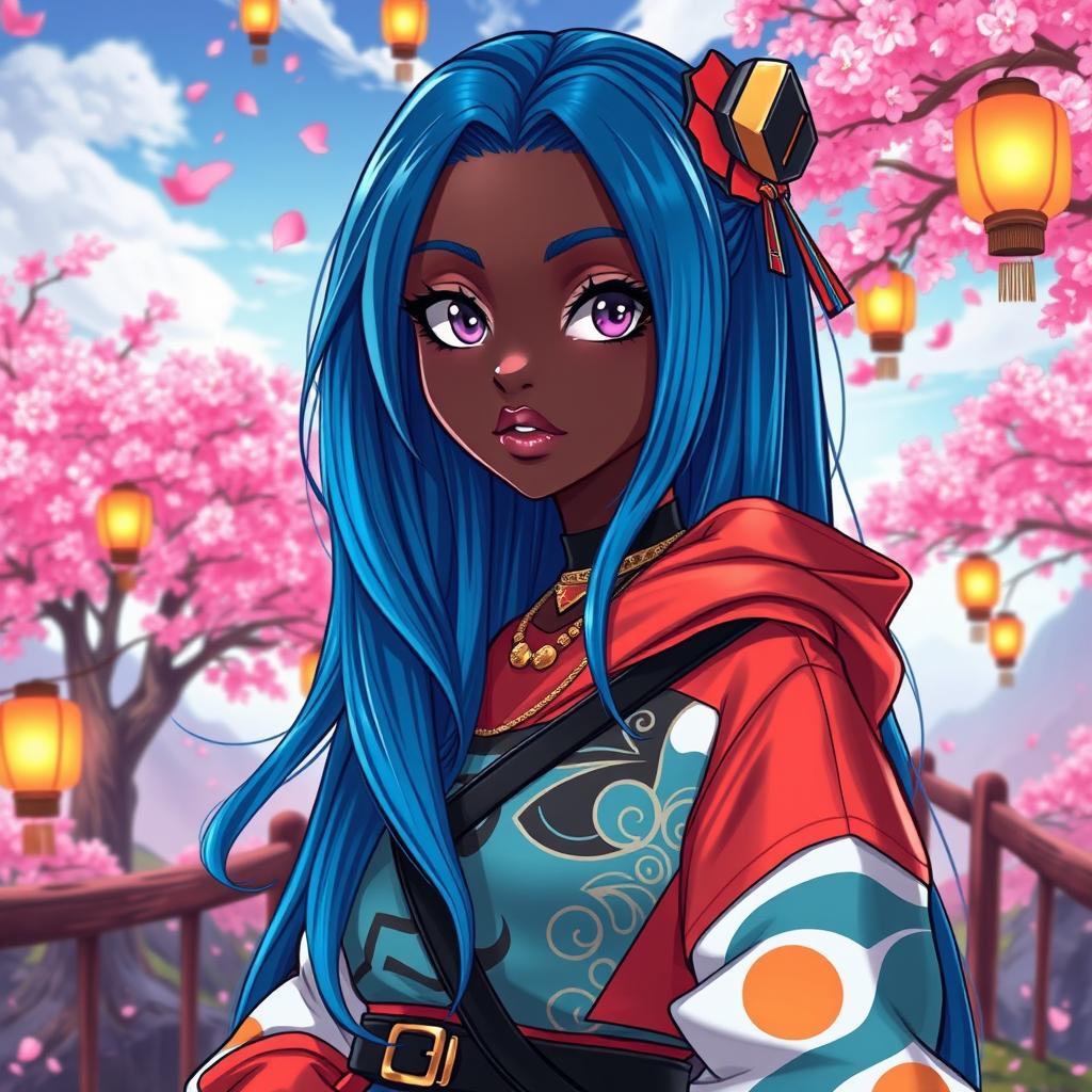 A stunningly beautiful black anime woman, featuring intricate and vibrant character design