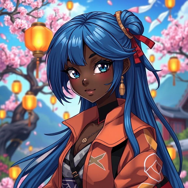 A stunningly beautiful black anime woman, featuring intricate and vibrant character design