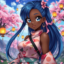 A stunningly beautiful black anime woman, featuring intricate and vibrant character design