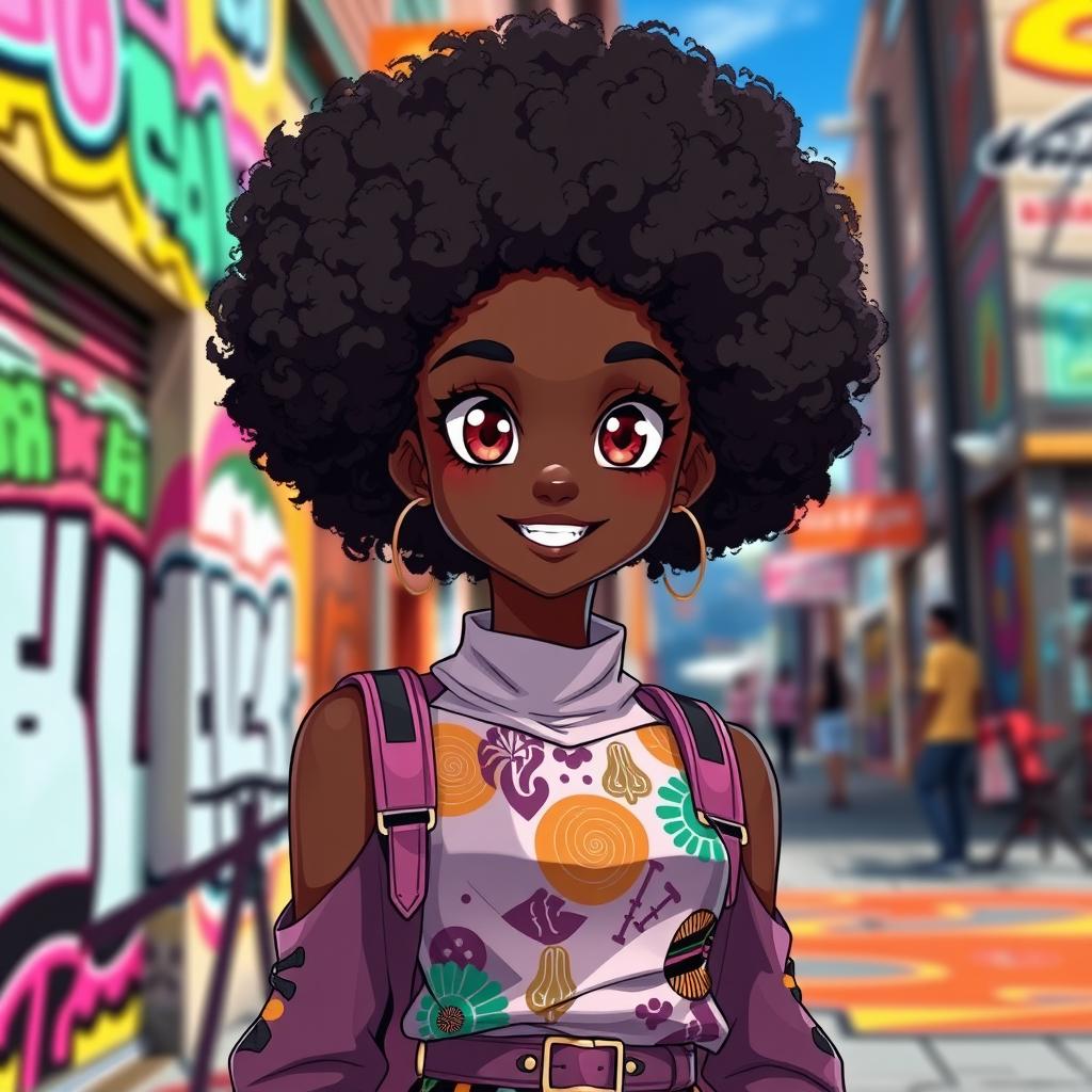 A captivating black anime girl with a beautiful, voluminous afro hairstyle that frames her face elegantly