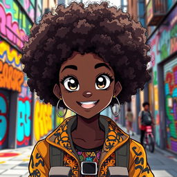 A captivating black anime girl with a beautiful, voluminous afro hairstyle that frames her face elegantly