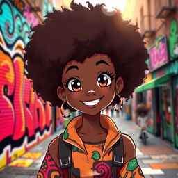 A captivating black anime girl with a beautiful, voluminous afro hairstyle that frames her face elegantly