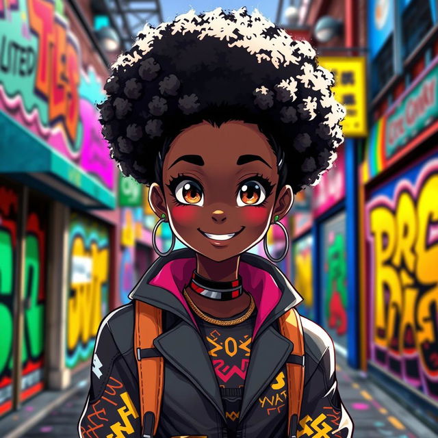 A captivating black anime girl with a beautiful, voluminous afro hairstyle that frames her face elegantly