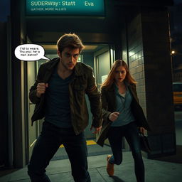 A dramatic scene set outside a subway station at night, capturing a tense moment as Ryan and Eva make their escape from a confrontation