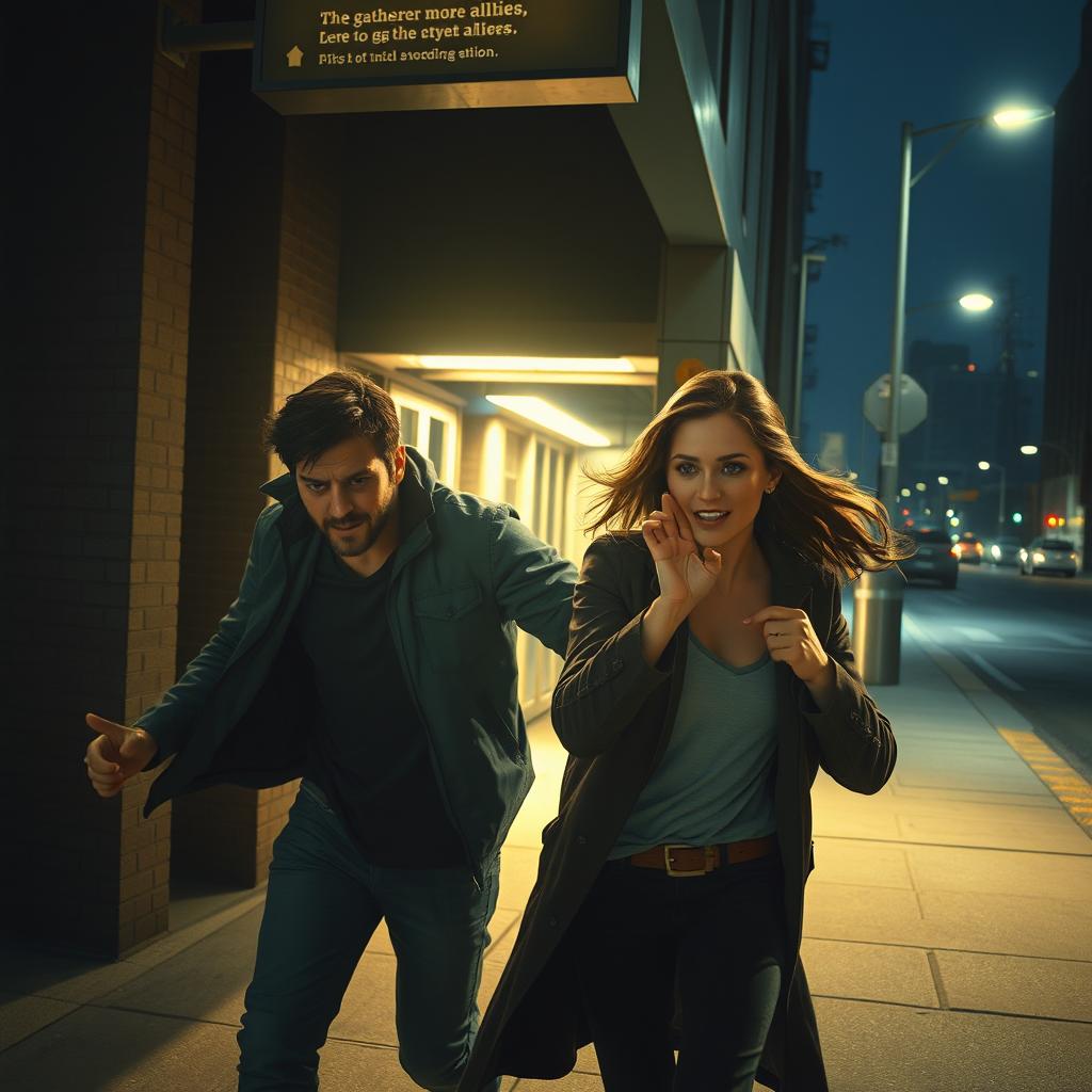 A dramatic scene set outside a subway station at night, capturing a tense moment as Ryan and Eva make their escape from a confrontation