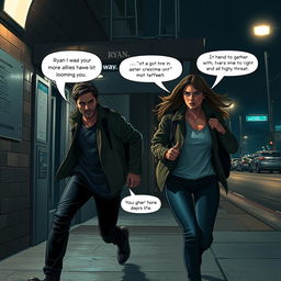 A dramatic scene set outside a subway station at night, capturing a tense moment as Ryan and Eva make their escape from a confrontation