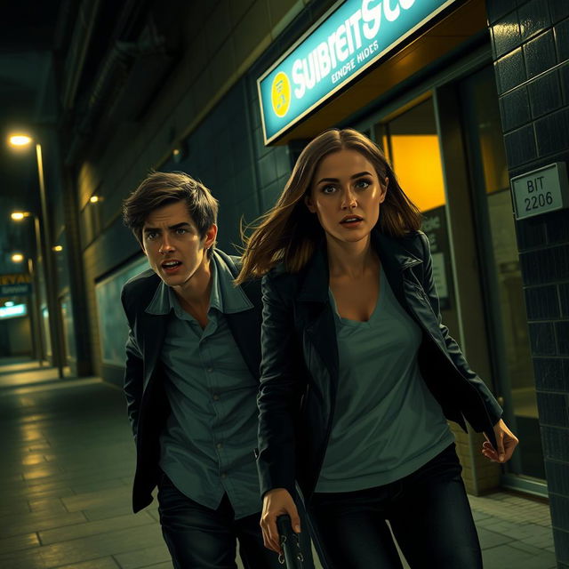 A dramatic scene set outside a subway station at night, capturing a tense moment as Ryan and Eva make their escape from a confrontation