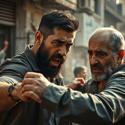 An intense scene depicting a confrontation between a bearded Palestinian man and an Israeli Jewish man in an urban setting
