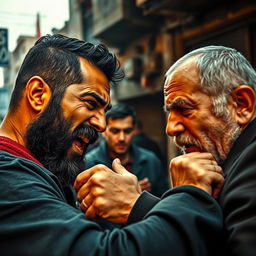 An intense scene depicting a confrontation between a bearded Palestinian man and an Israeli Jewish man in an urban setting