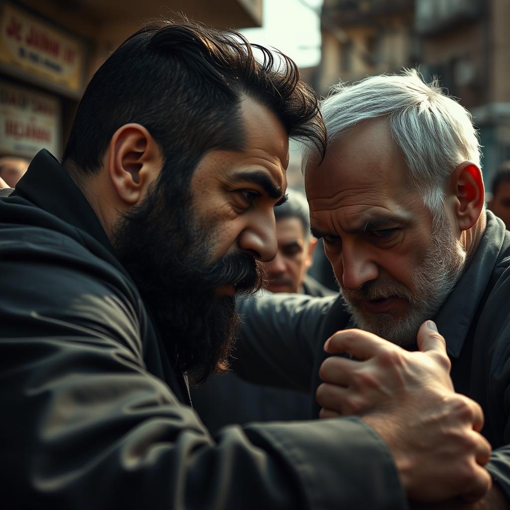 An intense scene depicting a confrontation between a bearded Palestinian man and an Israeli Jewish man in an urban setting