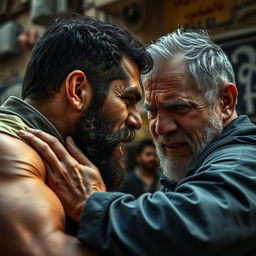 An intense scene depicting a confrontation between a bearded Palestinian man and an Israeli Jewish man in an urban setting
