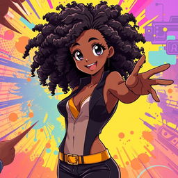 A beautiful and confident Black anime girl with stunning Afro hair, wearing a stylish and alluring outfit that accentuates her curves