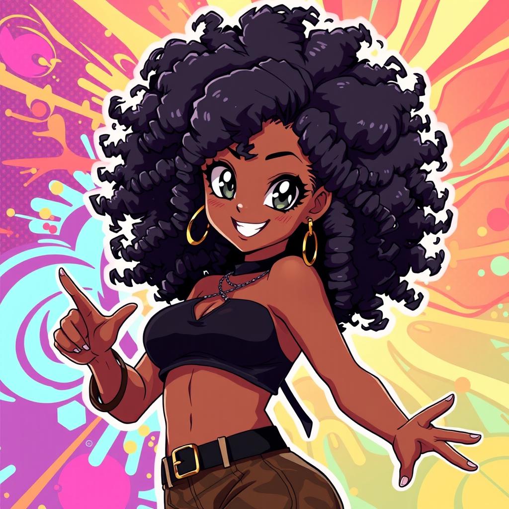 A beautiful and confident Black anime girl with stunning Afro hair, wearing a stylish and alluring outfit that accentuates her curves