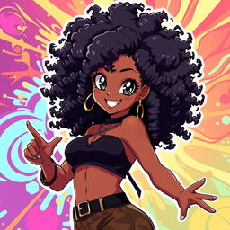 A beautiful and confident Black anime girl with stunning Afro hair, wearing a stylish and alluring outfit that accentuates her curves