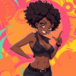 A beautiful and confident Black anime girl with stunning Afro hair, wearing a stylish and alluring outfit that accentuates her curves