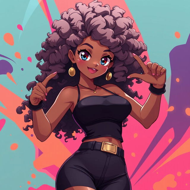 A beautiful and confident Black anime girl with stunning Afro hair, wearing a stylish and alluring outfit that accentuates her curves