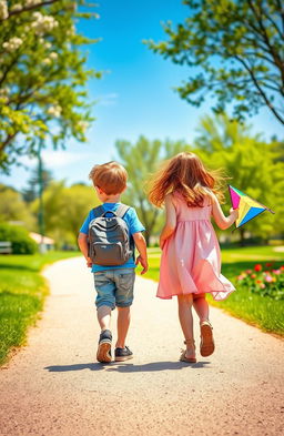 A scene depicting a young boy and a girl walking in two different directions on a sunlit path