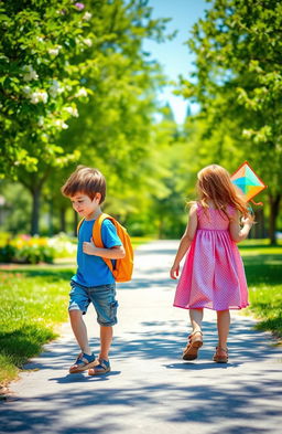 A scene depicting a young boy and a girl walking in two different directions on a sunlit path