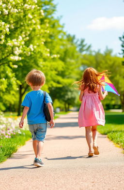 A scene depicting a young boy and a girl walking in two different directions on a sunlit path
