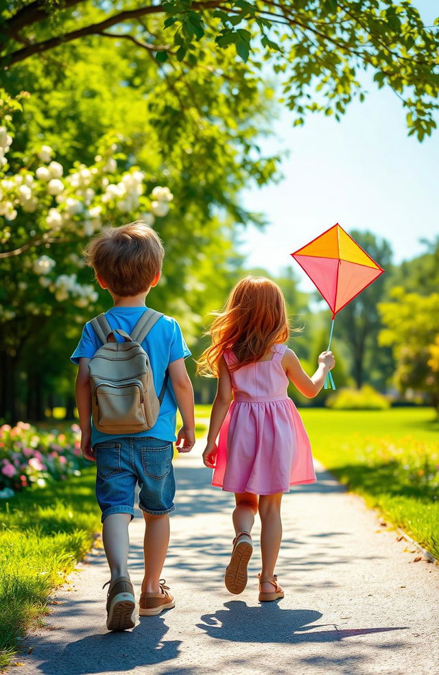 A scene depicting a young boy and a girl walking in two different directions on a sunlit path