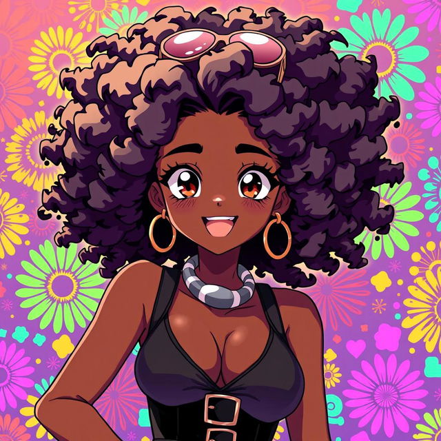 A captivating and confident Black anime girl with beautiful Afro hair, styled in a bold and expressive manner