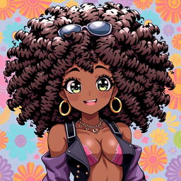 A captivating and confident Black anime girl with beautiful Afro hair, styled in a bold and expressive manner