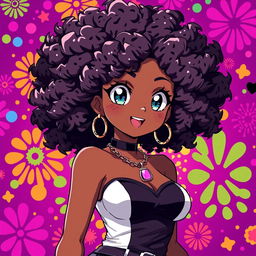 A captivating and confident Black anime girl with beautiful Afro hair, styled in a bold and expressive manner