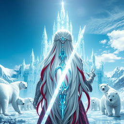 A fantastic princess with long white hair adorned with vibrant red streaks, viewed from the back