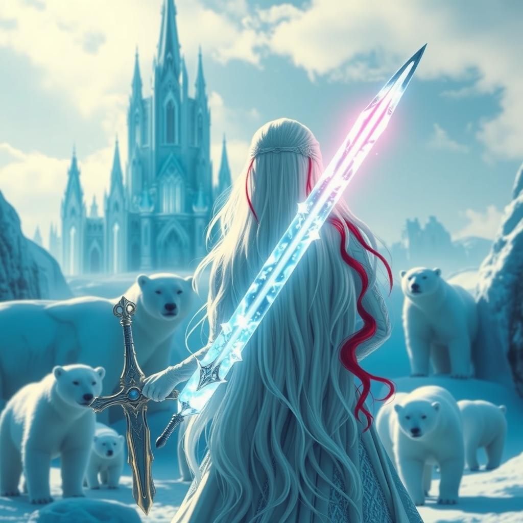 A fantastic princess with long white hair adorned with vibrant red streaks, viewed from the back