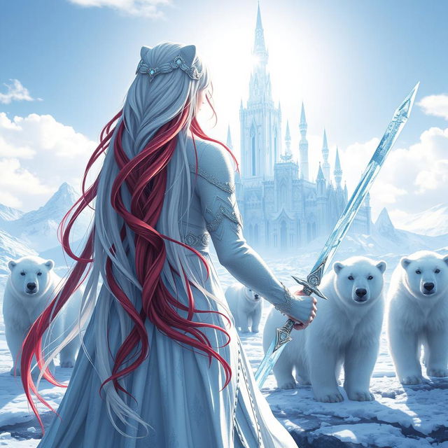 A fantastic princess with long white hair adorned with vibrant red streaks, viewed from the back