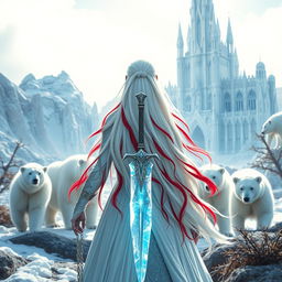 A fantastic princess with long white hair adorned with vibrant red streaks, viewed from the back
