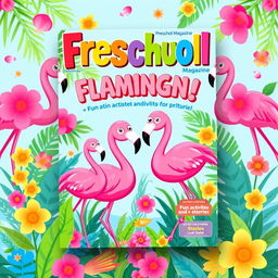 A delightful and colorful magazine cover designed for a preschool magazine, themed around flamingos