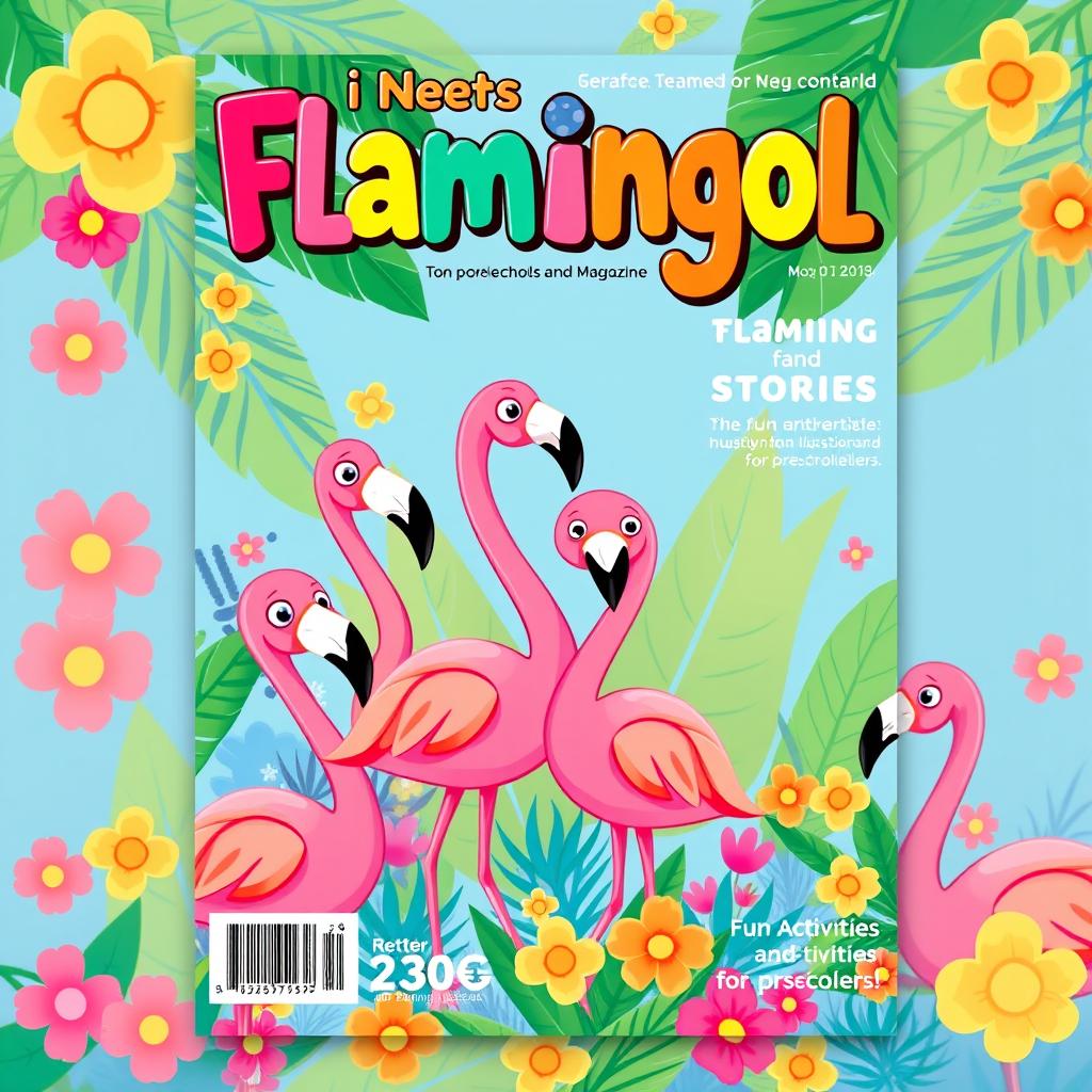 A delightful and colorful magazine cover designed for a preschool magazine, themed around flamingos