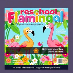 A delightful and colorful magazine cover designed for a preschool magazine, themed around flamingos