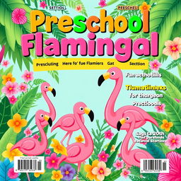 A delightful and colorful magazine cover designed for a preschool magazine, themed around flamingos