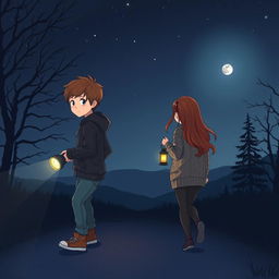 A scene set on a dark night depicting a young boy and a girl walking in two different directions under a starry sky