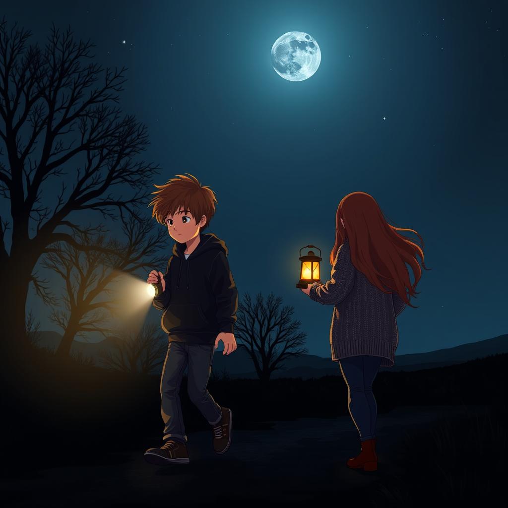 A scene set on a dark night depicting a young boy and a girl walking in two different directions under a starry sky