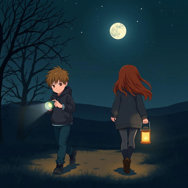 A scene set on a dark night depicting a young boy and a girl walking in two different directions under a starry sky