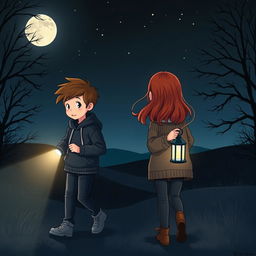A scene set on a dark night depicting a young boy and a girl walking in two different directions under a starry sky