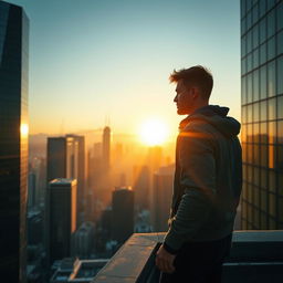 A captivating scene set on a city skyline at dawn, where Ryan stands on a rooftop gazing at the horizon as the first light breaks